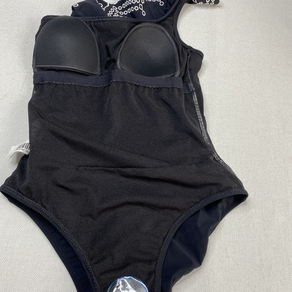 Profile By Gottex Sz 6 Ruffle Embroidered One Shoulder One Piece Black Swimsuit - Picture 9 of 16